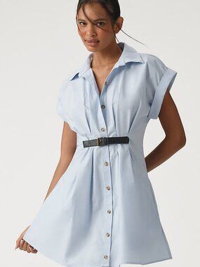 Anthropologie Light Blue Button-Up Shirtdress with Black Belt
